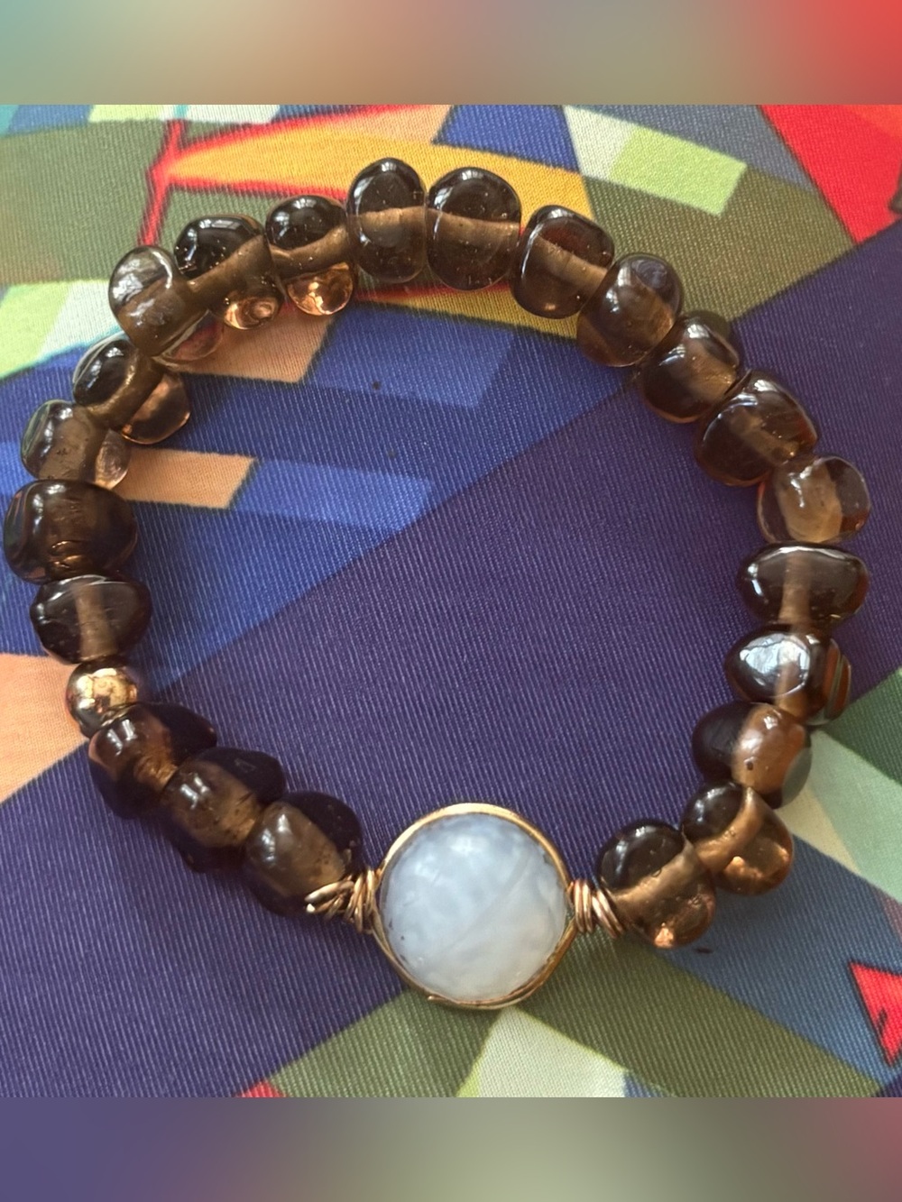 Smoky Brown Beaded Stretch Bracelet with Feather Charm